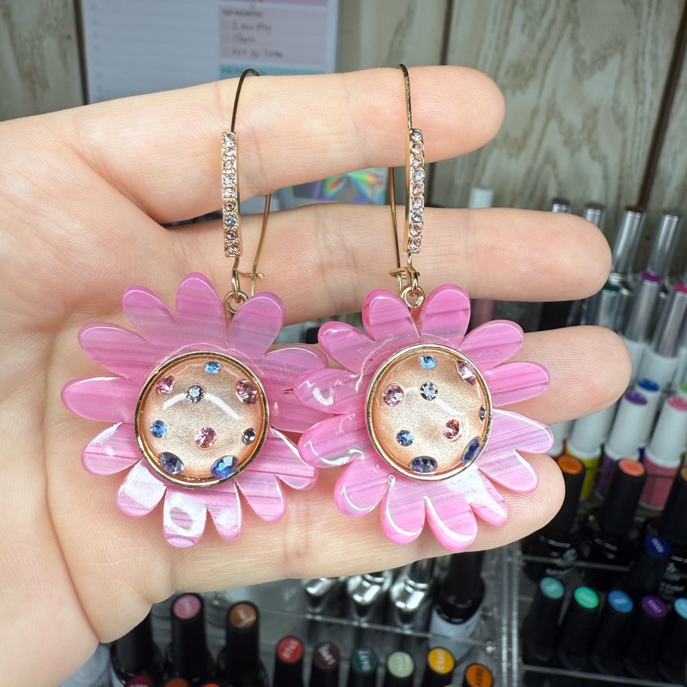 Betsey Johnson Pink Flower Earrings with Gem Accents